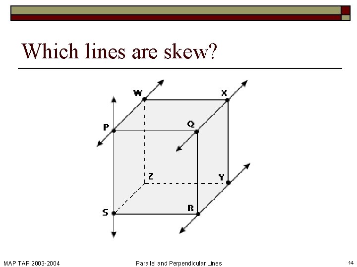 Which lines are skew? MAP TAP 2003 -2004 Parallel and Perpendicular Lines 14 