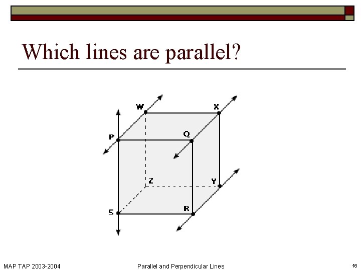 Which lines are parallel? MAP TAP 2003 -2004 Parallel and Perpendicular Lines 16 