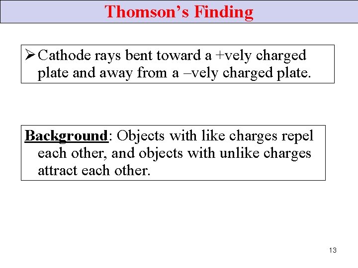 Thomson’s Finding Ø Cathode rays bent toward a +vely charged plate and away from