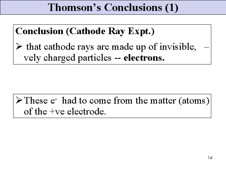 Thomson’s Conclusions (1) Conclusion (Cathode Ray Expt. ) Ø that cathode rays are made