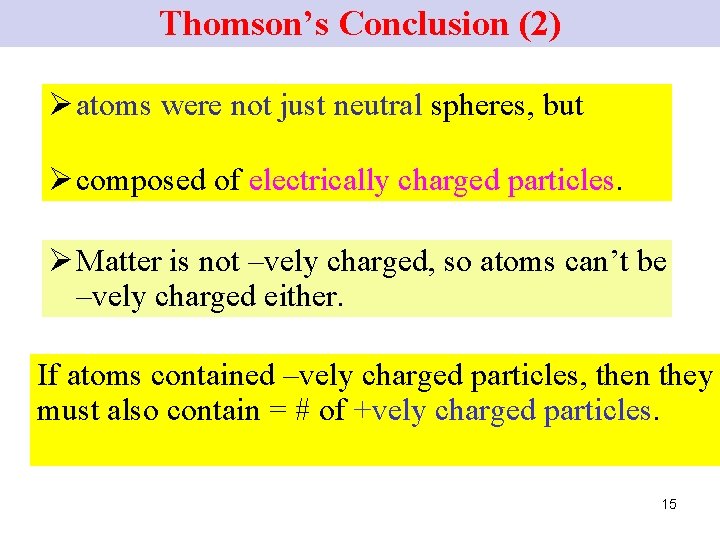 Thomson’s Conclusion (2) Ø atoms were not just neutral spheres, but Ø composed of