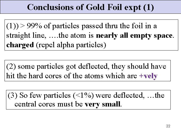 Conclusions of Gold Foil expt (1)) > 99% of particles passed thru the foil