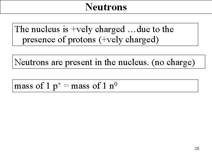 Neutrons The nucleus is +vely charged …due to the presence of protons (+vely charged)