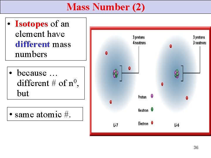 Mass Number (2) • Isotopes of an element have different mass numbers • because