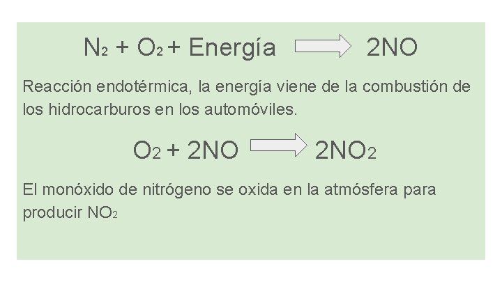 N 2 + O 2 + Energía 2 NO Reacción endotérmica, la energía viene