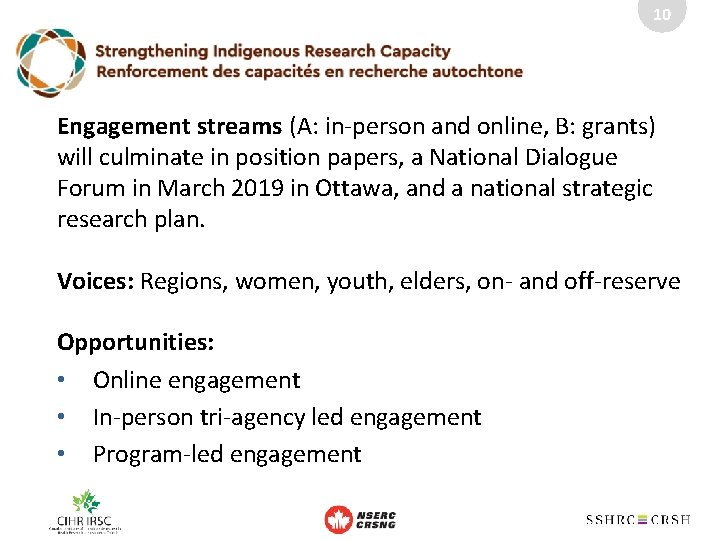 10 Engagement streams (A: in-person and online, B: grants) will culminate in position papers,