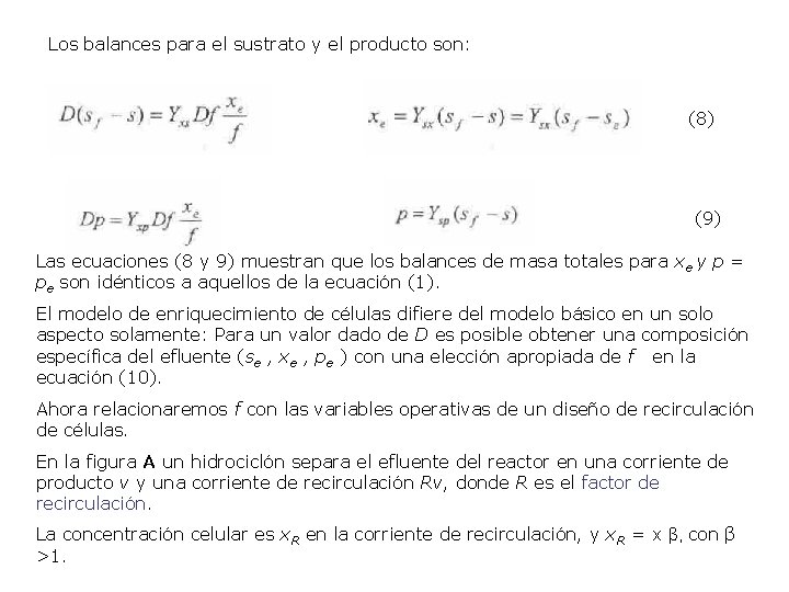 Los balances para el sustrato y el producto son: (8) (9) Las ecuaciones (8 Los balances para el sustrato y el producto son: (8) (9) Las ecuaciones (8