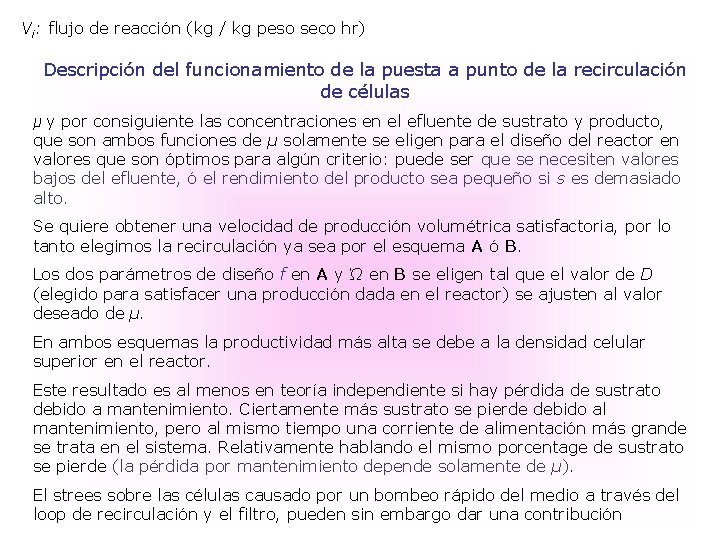 Vi: flujo de reacción (kg / kg peso seco hr) Descripción del funcionamiento de