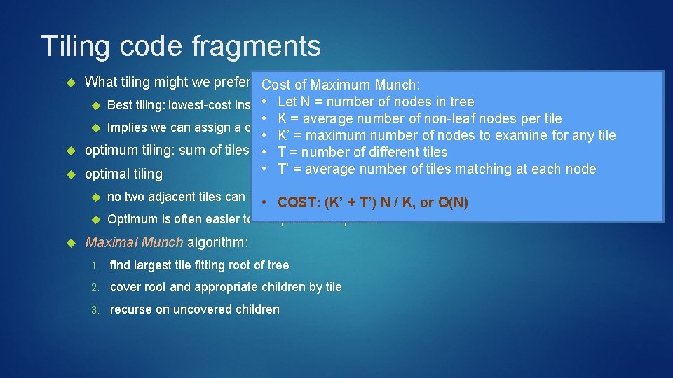 Tiling code fragments What tiling might we prefer? Cost of Maximum Munch: • Letsequence