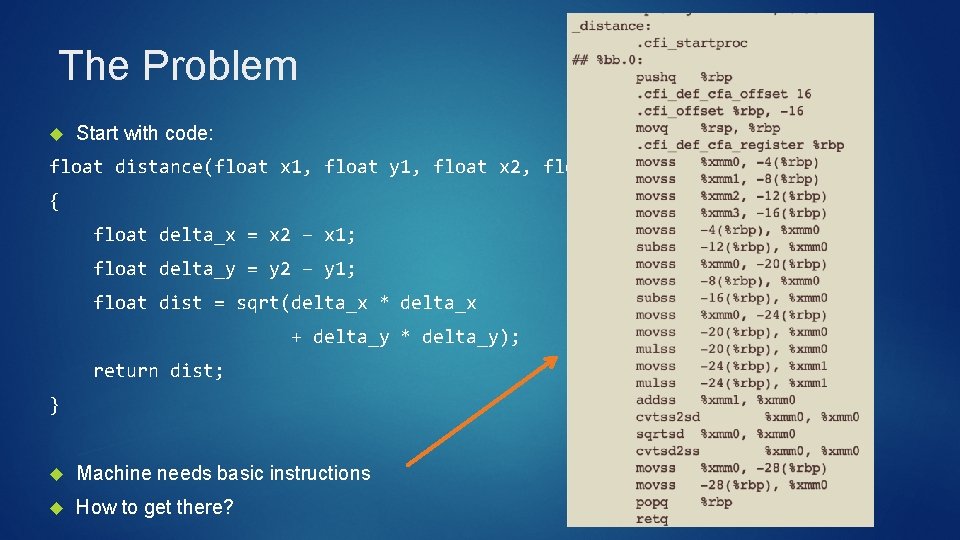 The Problem Start with code: float distance(float x 1, float y 1, float x