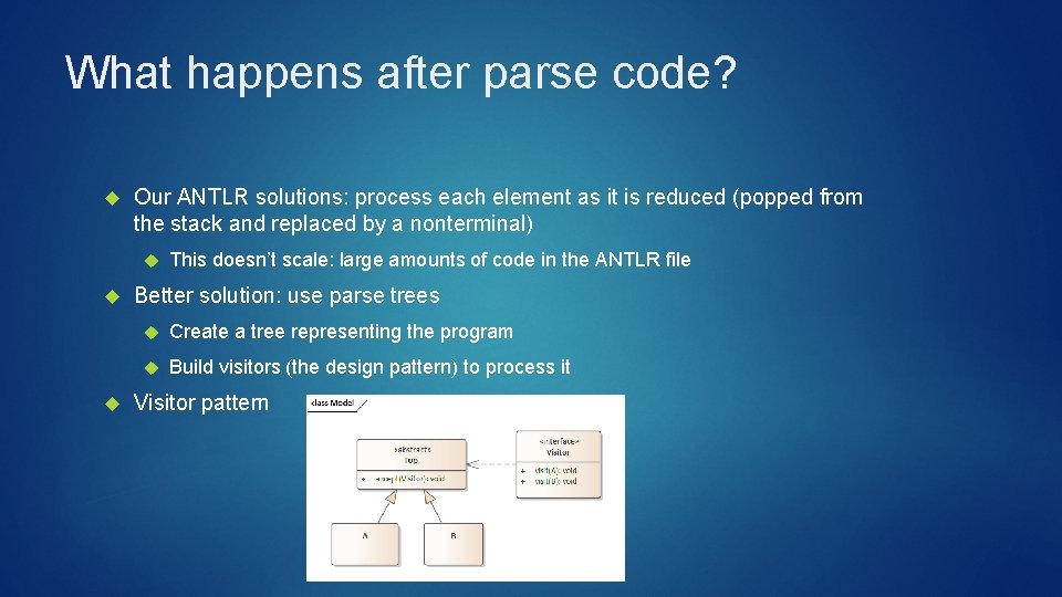 What happens after parse code? Our ANTLR solutions: process each element as it is