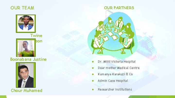 OUR TEAM OUR PARTNERS Twine Brightson Boonabana Justine Chour Muhamed ● Dr. Mitti Victoria