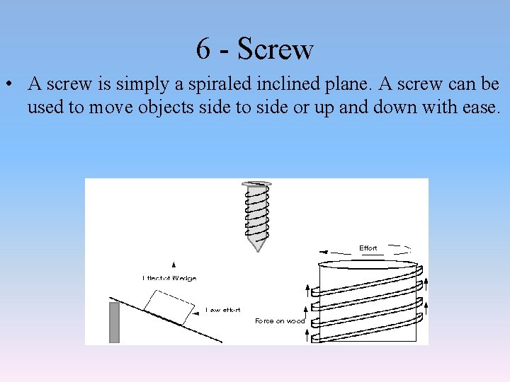 6 - Screw • A screw is simply a spiraled inclined plane. A screw