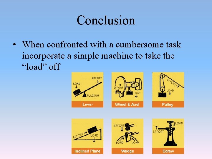 Conclusion • When confronted with a cumbersome task incorporate a simple machine to take