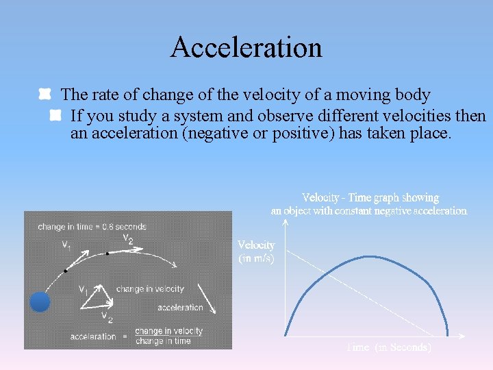 Acceleration The rate of change of the velocity of a moving body If you
