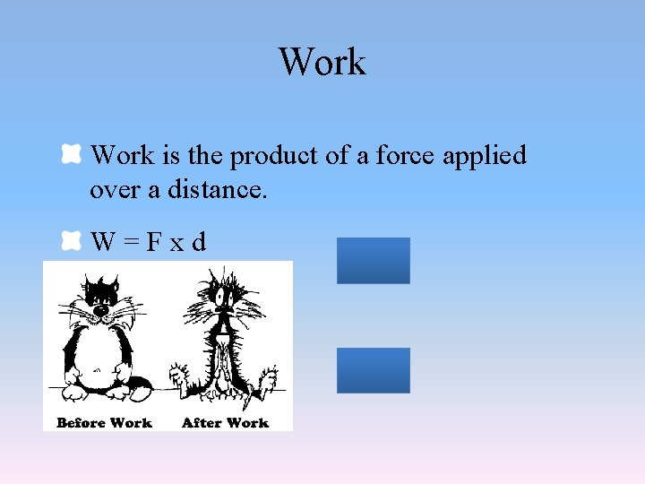 Work is the product of a force applied over a distance. W=Fxd 