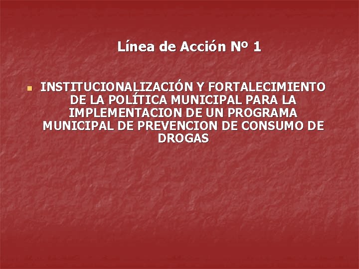 Línea de Acción Nº 1 n INSTITUCIONALIZACIÓN Y FORTALECIMIENTO DE LA POLÍTICA MUNICIPAL PARA