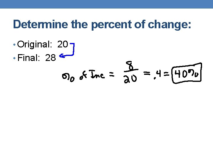 Determine the percent of change: • Original: 20 • Final: 28 