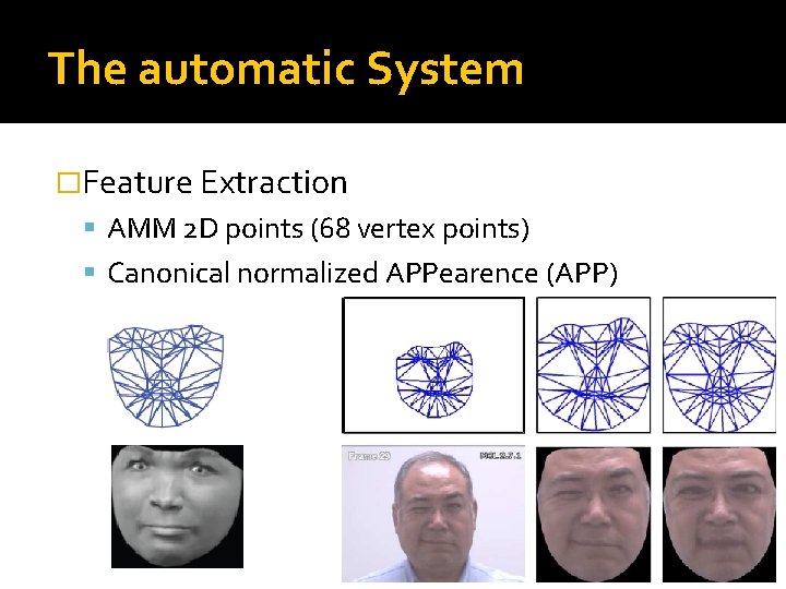 The automatic System �Feature Extraction AMM 2 D points (68 vertex points) Canonical normalized