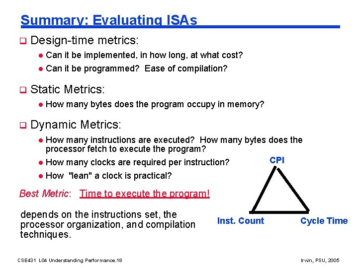 Summary: Evaluating ISAs q Design-time metrics: Can it be implemented, in how long, at