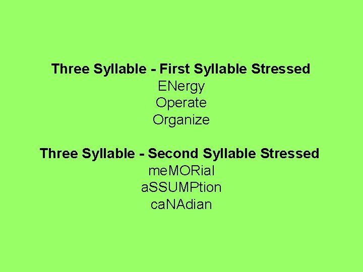 Three Syllable - First Syllable Stressed ENergy Operate Organize Three Syllable - Second Syllable Three Syllable - First Syllable Stressed ENergy Operate Organize Three Syllable - Second Syllable