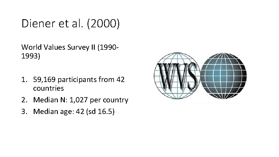 Diener et al. (2000) World Values Survey II (19901993) 1. 59, 169 participants from