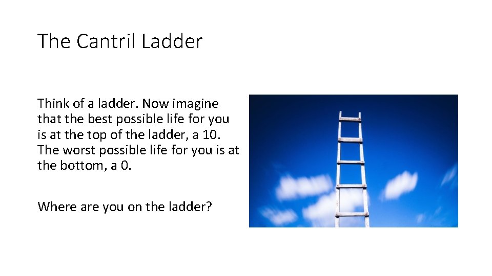 The Cantril Ladder Think of a ladder. Now imagine that the best possible life