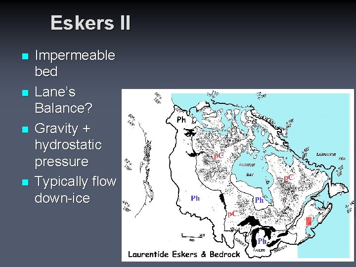 Eskers II n n Impermeable bed Lane’s Balance? Gravity + hydrostatic pressure Typically flow