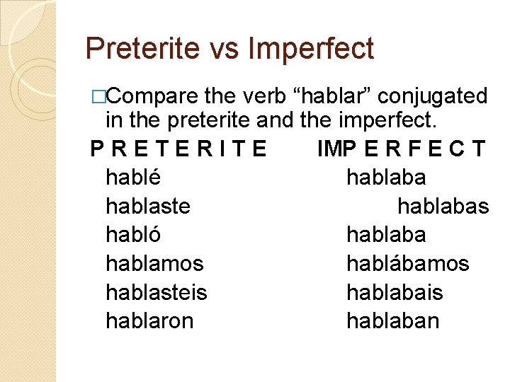 Preterite vs Imperfect �Compare the verb “hablar” conjugated in the preterite and the imperfect.