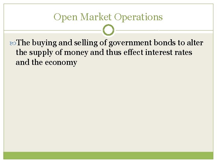 Open Market Operations The buying and selling of government bonds to alter the supply