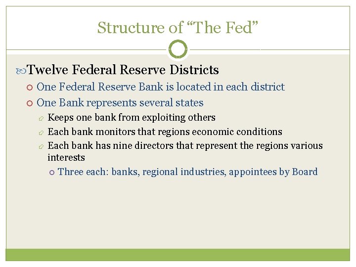 Structure of “The Fed” Twelve Federal Reserve Districts One Federal Reserve Bank is located