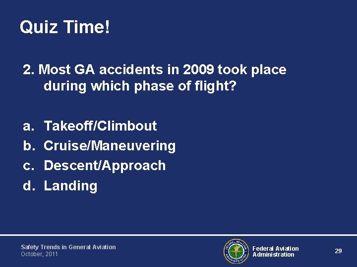 Quiz Time! 2. Most GA accidents in 2009 took place during which phase of