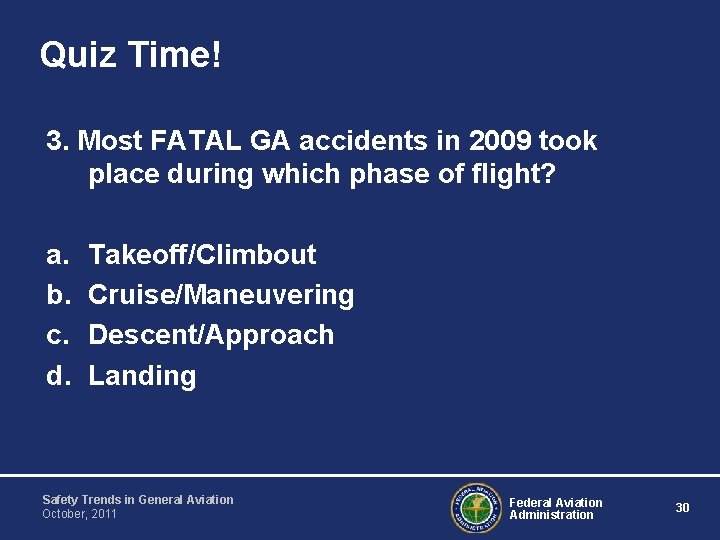 Quiz Time! 3. Most FATAL GA accidents in 2009 took place during which phase