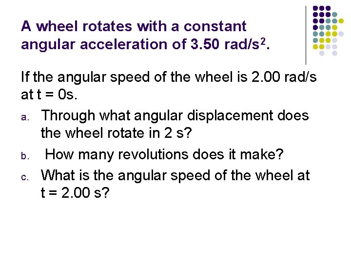A wheel rotates with a constant angular acceleration of 3. 50 rad/s 2. If