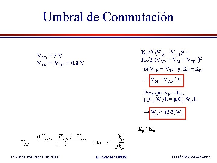 Umbral de Conmutación KN/2 (VM – VTN)2 = KP/2 (VDD – VM - |VTP|