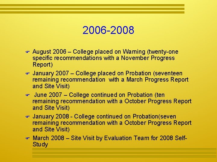 2006 -2008 August 2006 – College placed on Warning (twenty-one specific recommendations with a