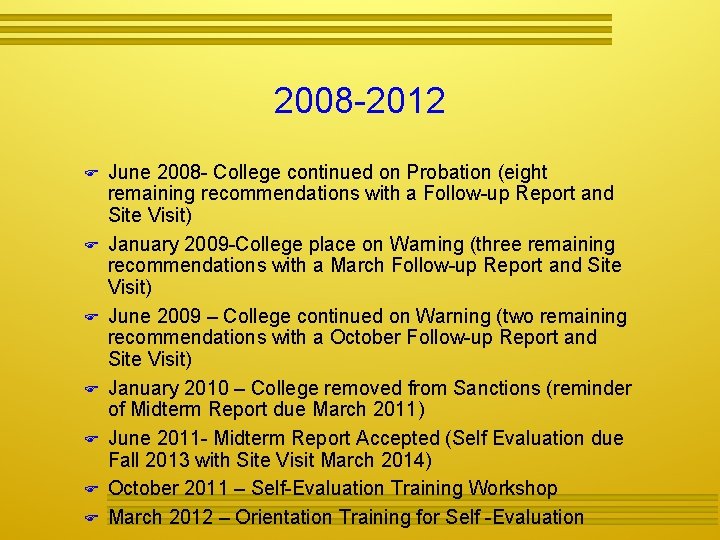 2008 -2012 June 2008 - College continued on Probation (eight remaining recommendations with a