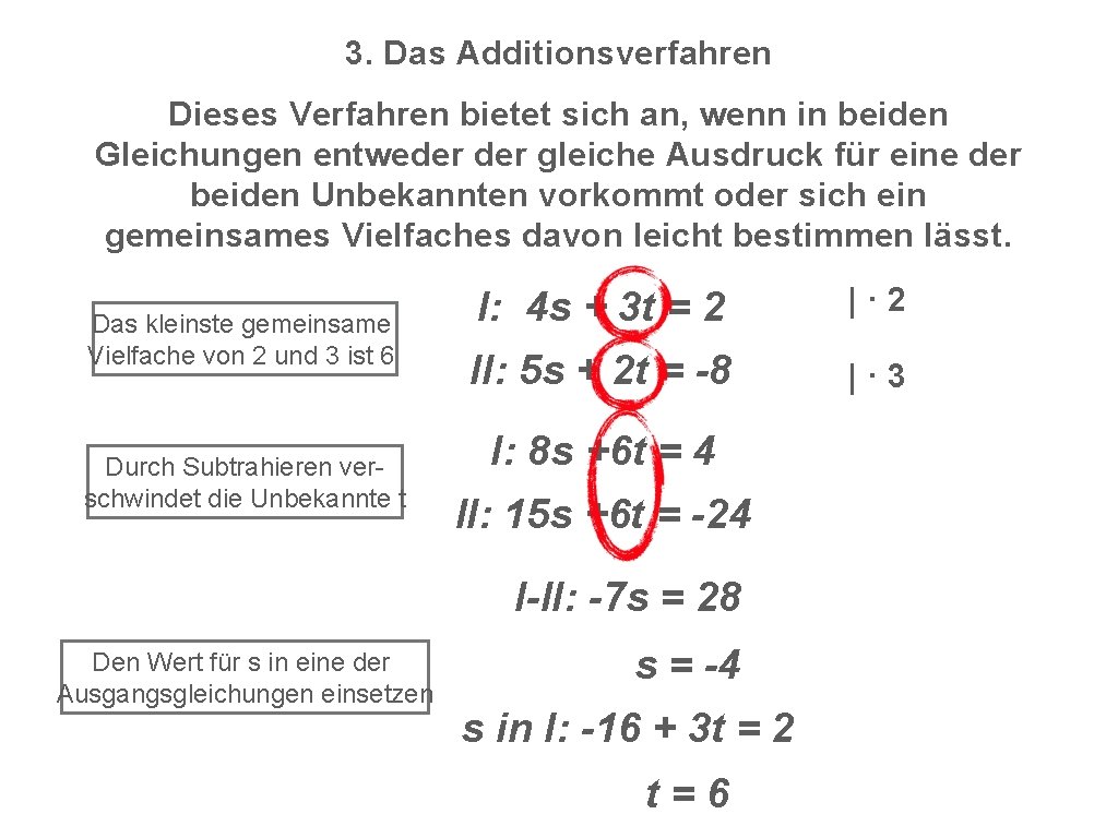 3. Das Additionsverfahren Dieses Verfahren bietet sich an, wenn in beiden Gleichungen entweder gleiche