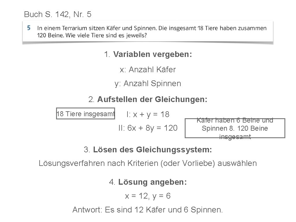Buch S. 142, Nr. 5 1. Variablen vergeben: x: Anzahl Käfer y: Anzahl Spinnen