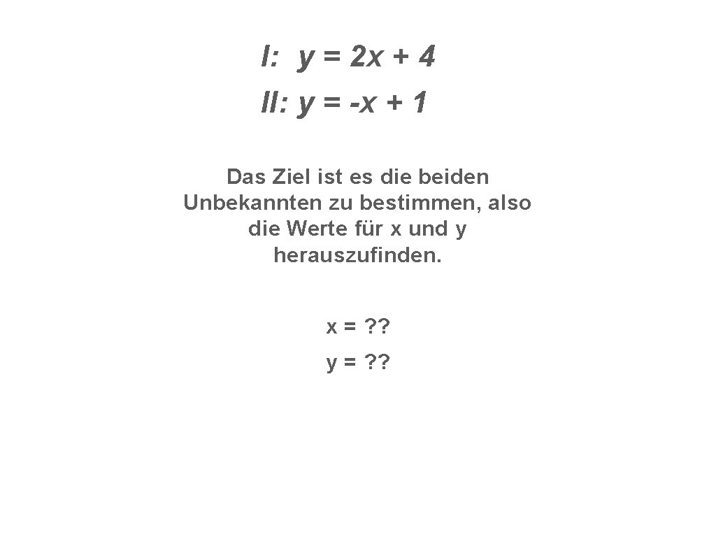 I: y = 2 x + 4 II: y = -x + 1 Das