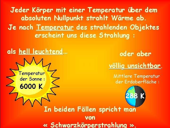 Jeder Körper mit einer Temperatur über dem absoluten Nullpunkt strahlt Wärme ab. Je nach