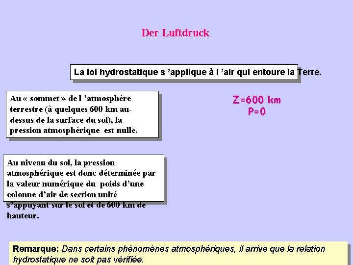 Der Luftdruck La loi hydrostatique s ’applique à l ’air qui entoure la Terre.