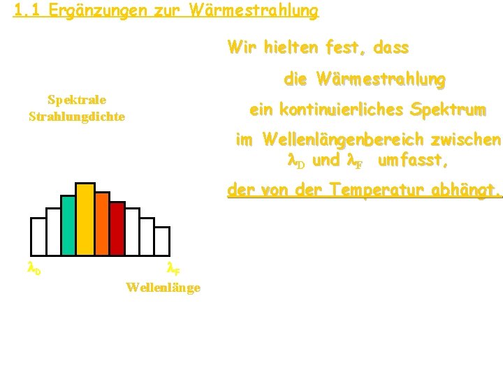 1. 1 Ergänzungen zur Wärmestrahlung Wir hielten fest, dass die Wärmestrahlung Spektrale Strahlungdichte ein