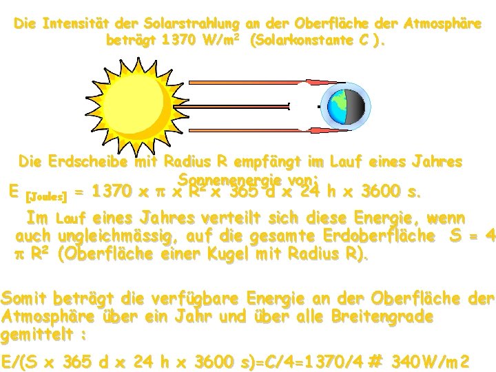 Die Intensität der Solarstrahlung an der Oberfläche der Atmosphäre beträgt 1370 W/m 2 (Solarkonstante