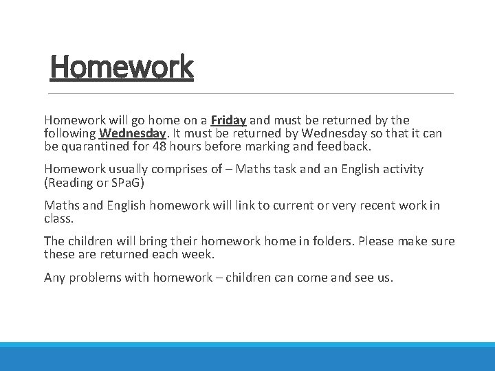 Homework will go home on a Friday and must be returned by the following