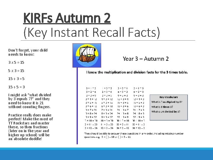 KIRFs Autumn 2 (Key Instant Recall Facts) Don’t forget, your child needs to know: