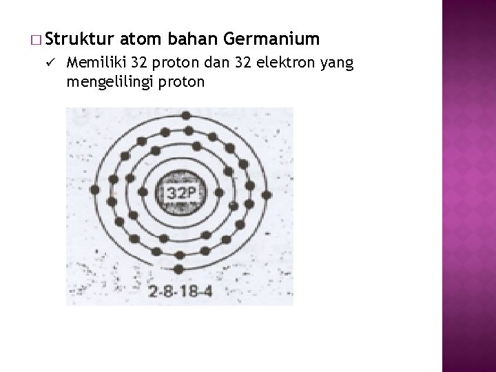 � Struktur ü atom bahan Germanium Memiliki 32 proton dan 32 elektron yang mengelilingi