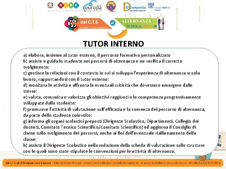 TUTOR INTERNO a) elabora, insieme al tutor esterno, il percorso formativo personalizzato b) assiste