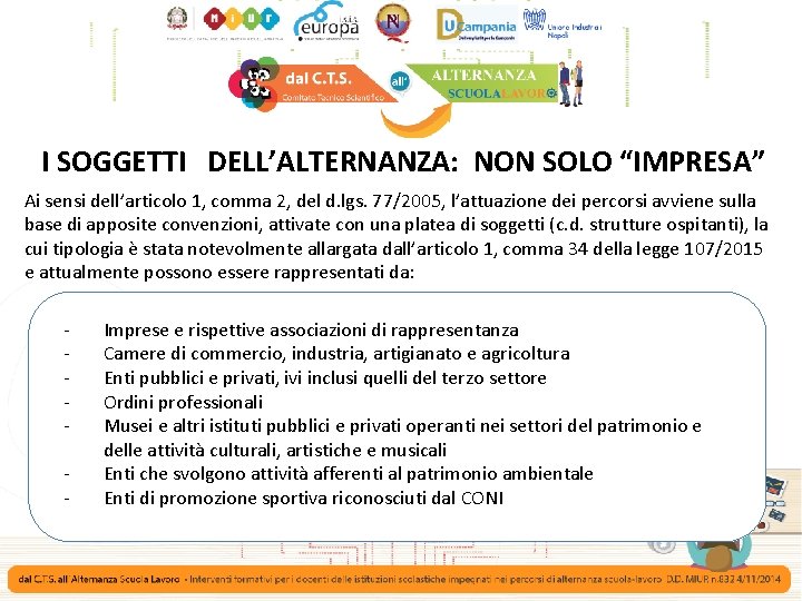 I SOGGETTI DELL’ALTERNANZA: NON SOLO “IMPRESA” Ai sensi dell’articolo 1, comma 2, del d.