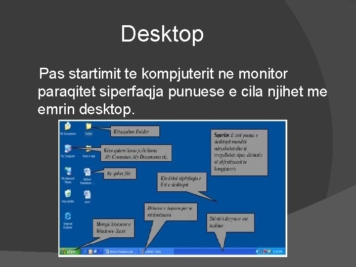 Desktop Pas startimit te kompjuterit ne monitor paraqitet siperfaqja punuese e cila njihet me